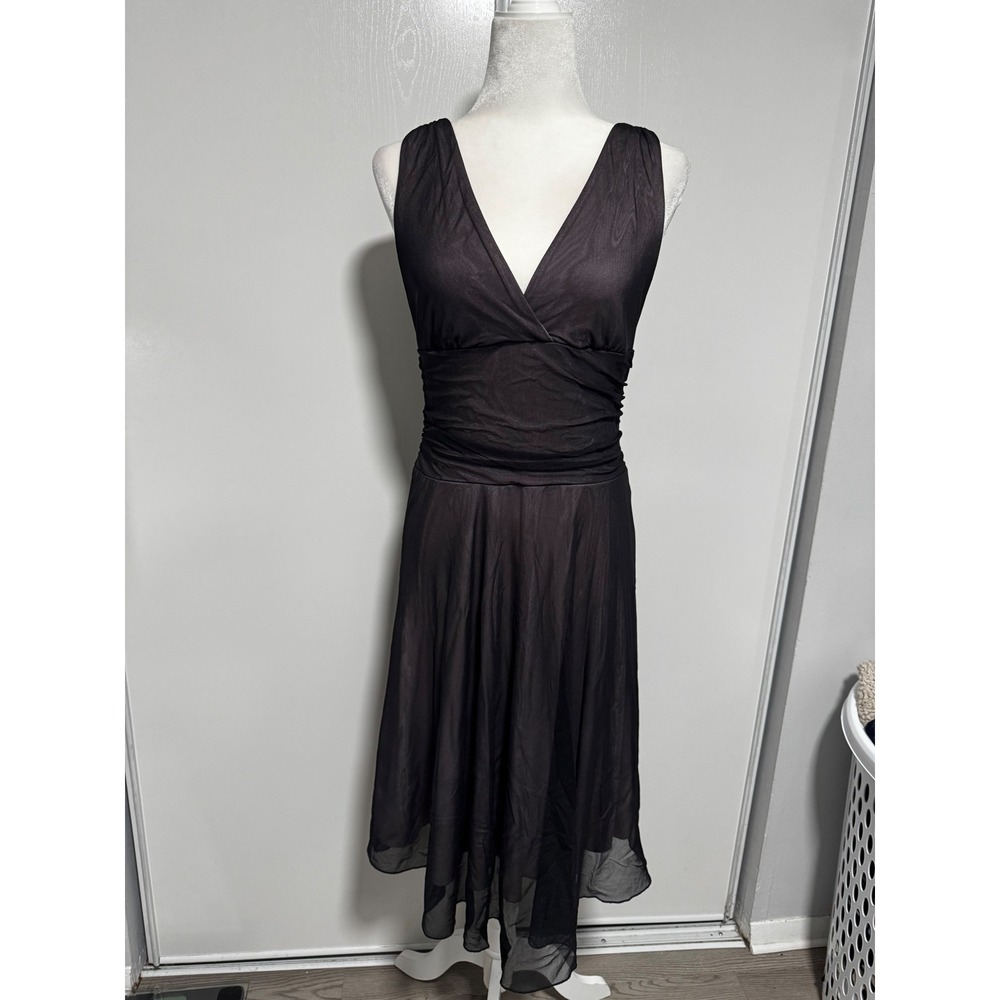 Ariella Womens‎ V Neck Ruched Mesh Overlay Cocktail Midi Dress Plum Sleeveless